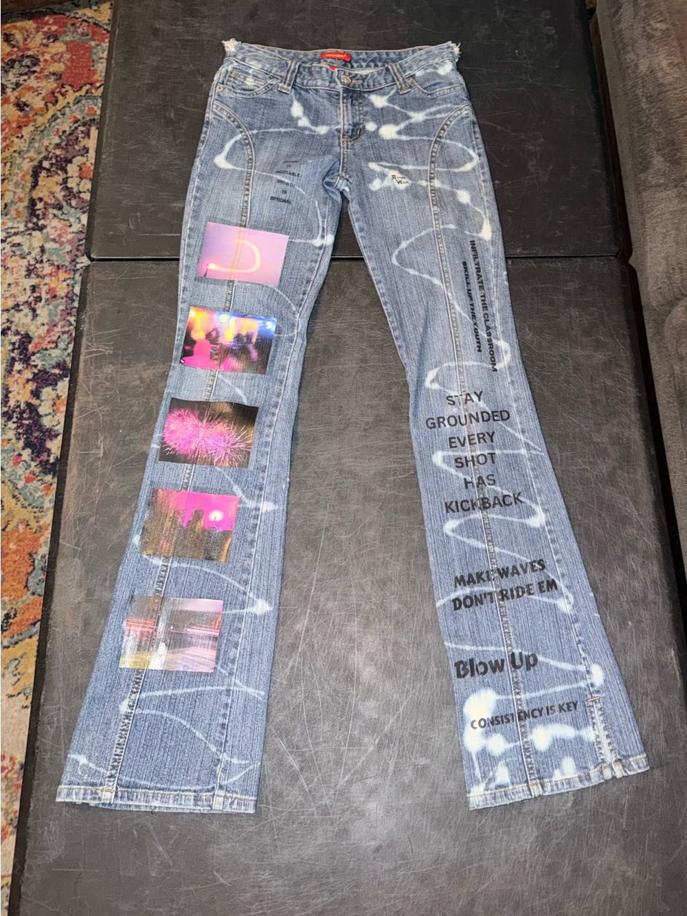 Blue Asphalt Blue Graphic Flare Jeans with Photo Collage and Quotes